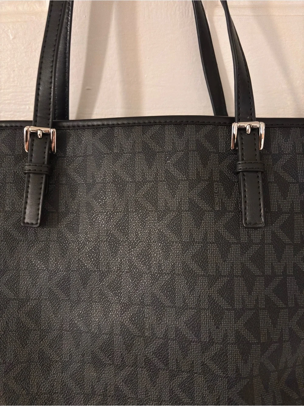 Michael Kors Black MK Monogram Tote with Silver Accent Charm